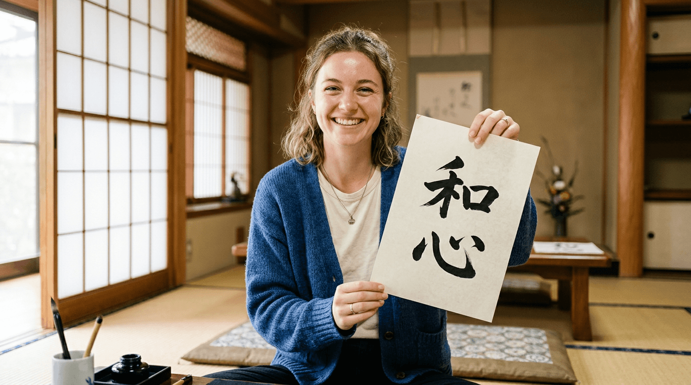 書道体験で仕上げた半紙を手に持つ外国人のお客様