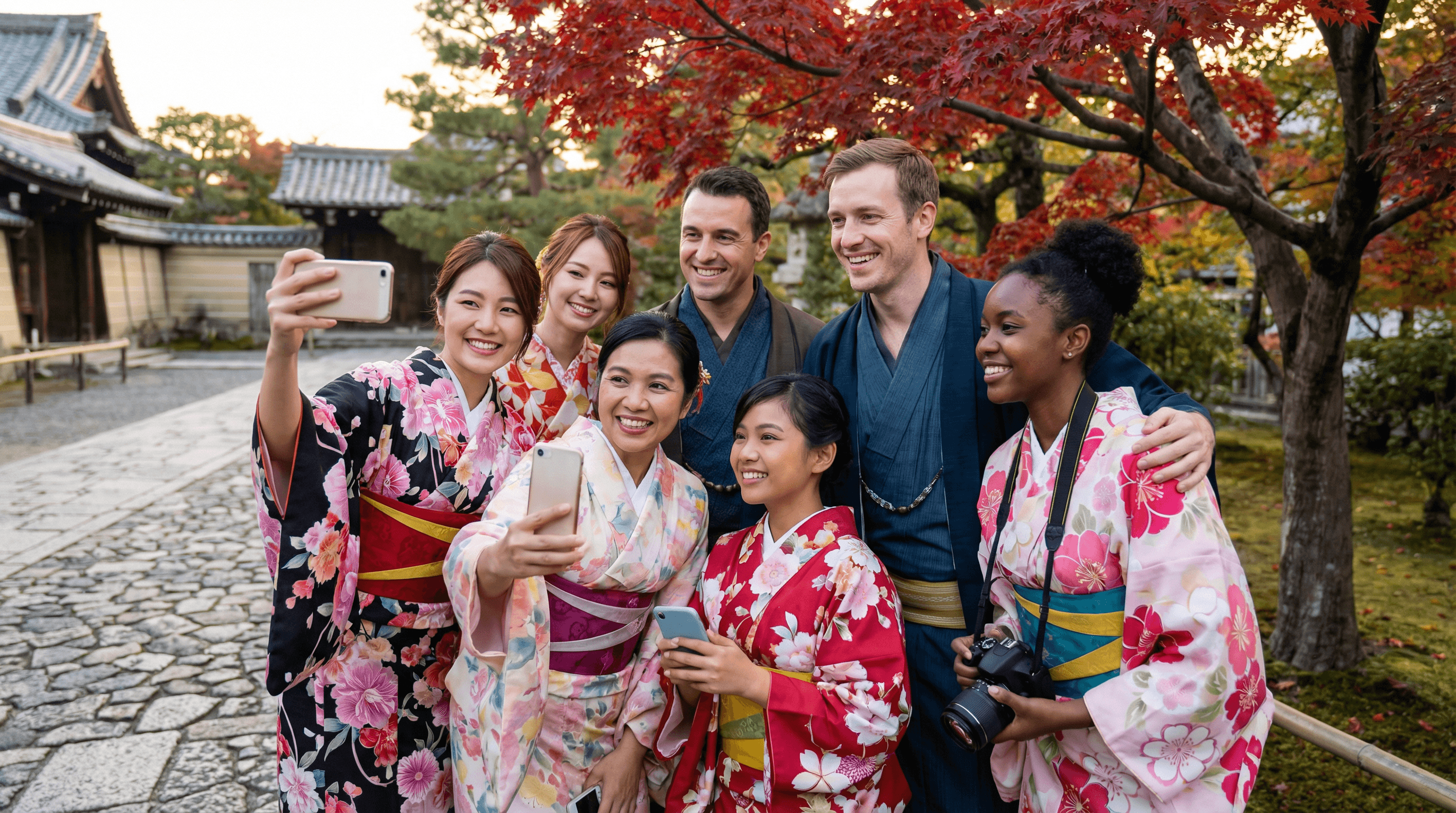 外国人観光客が着物で笑顔